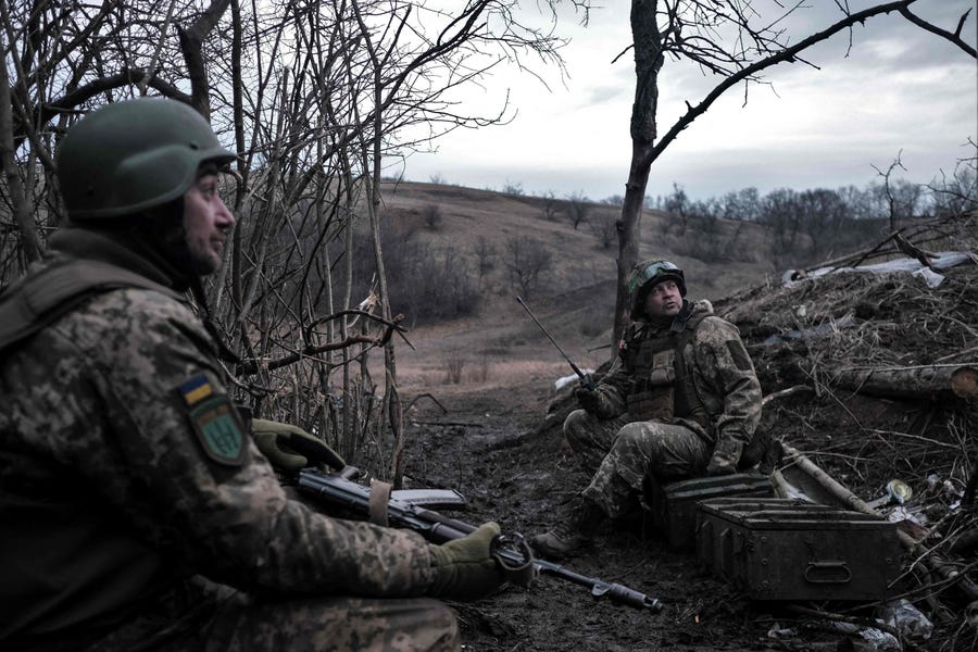 Soldiers of the Ukrainian Volunteer Army hold their positions at the front line near Bakhmut, Donetsk region, on March 11, 2023, amid the Russian invasion of Ukraine.