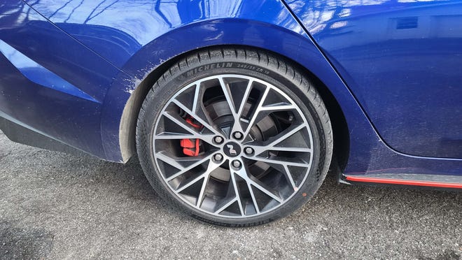 The 2023 Hyundai Elantra N gains unique low-profile wheels married to sticky Michelin Pilot Sport 4S summer tires.