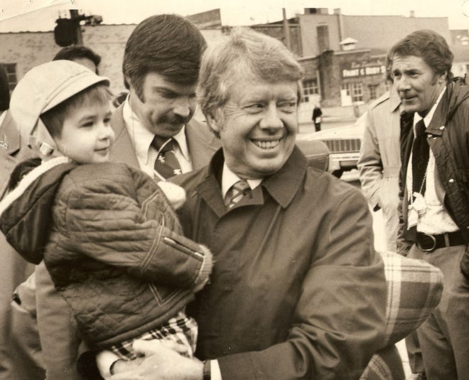 Former President Jimmy Carter is shown during a March 31, 1976, primary campaign stop in Manitowoc, Wisconsin.
