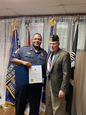 VFW Post 3308 held its Annual First Responder Awards ceremony March 2, 2023, and honored Capt. Robert Clery of the Tallahassee Fire Department, shown with  with Frank Roycraft, chairman for the Awards Ceremony.