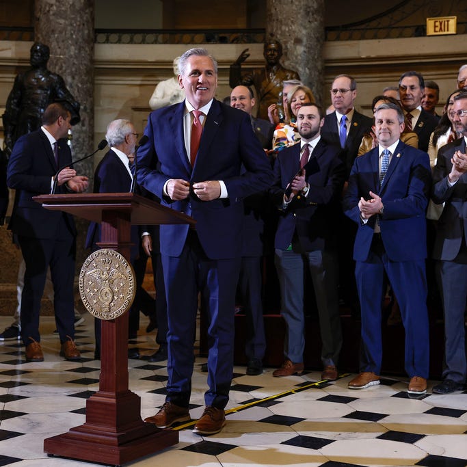 U.S. Speaker of the House Kevin McCarthy, R-Calif., speaks at a bill signing ceremony for H.J. Res. 26 at the U.S. Capitol Building on March 10, 2023 in Washington, DC.