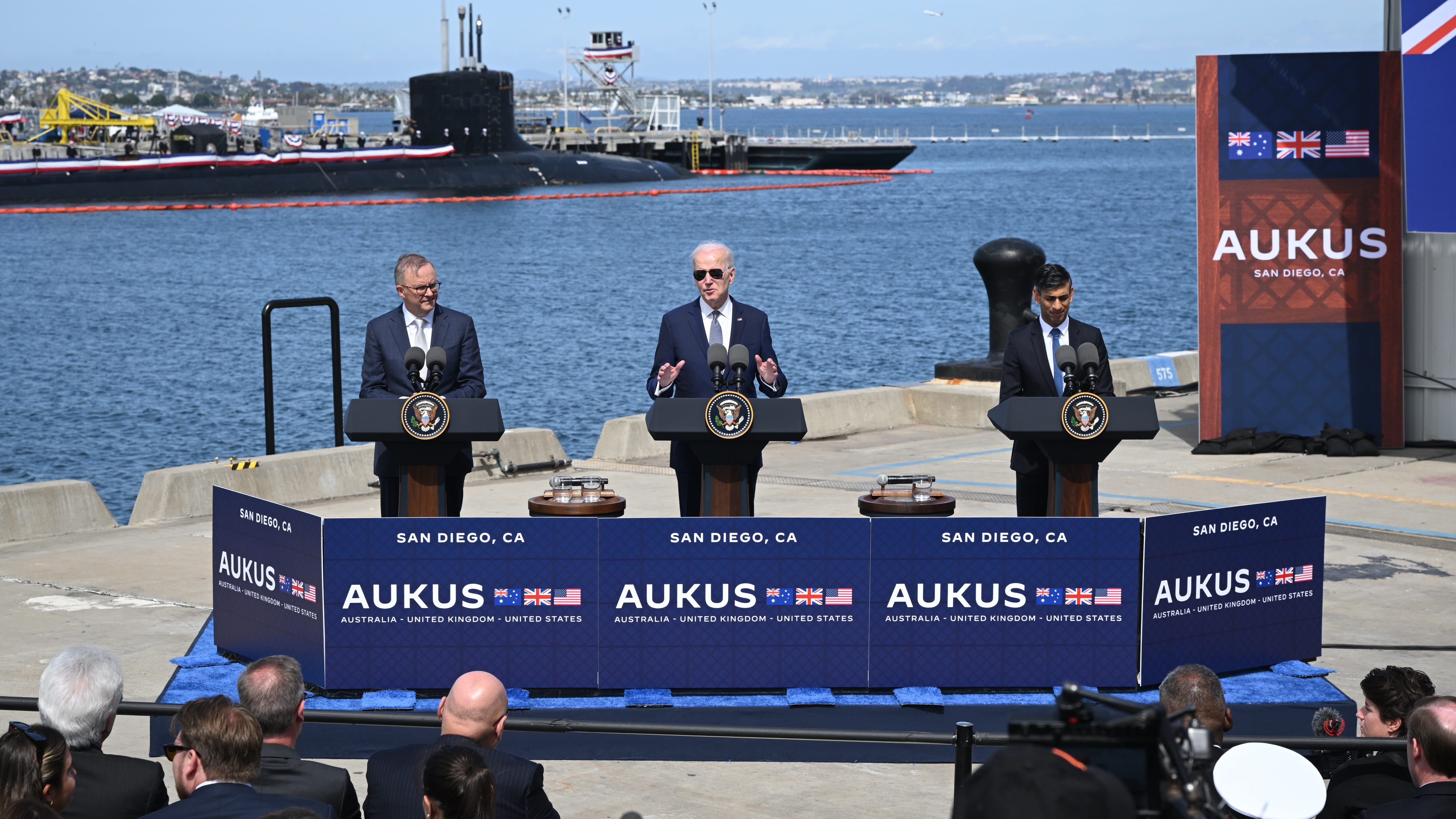 Australian Prime Minister Anthony Albanese (L), US President Joe Biden (C) and British Prime Minister Rishi Sunak (R) hold a press conference after a trilateral meeting during the AUKUS summit on March 13, 2023 in San Diego, California.
