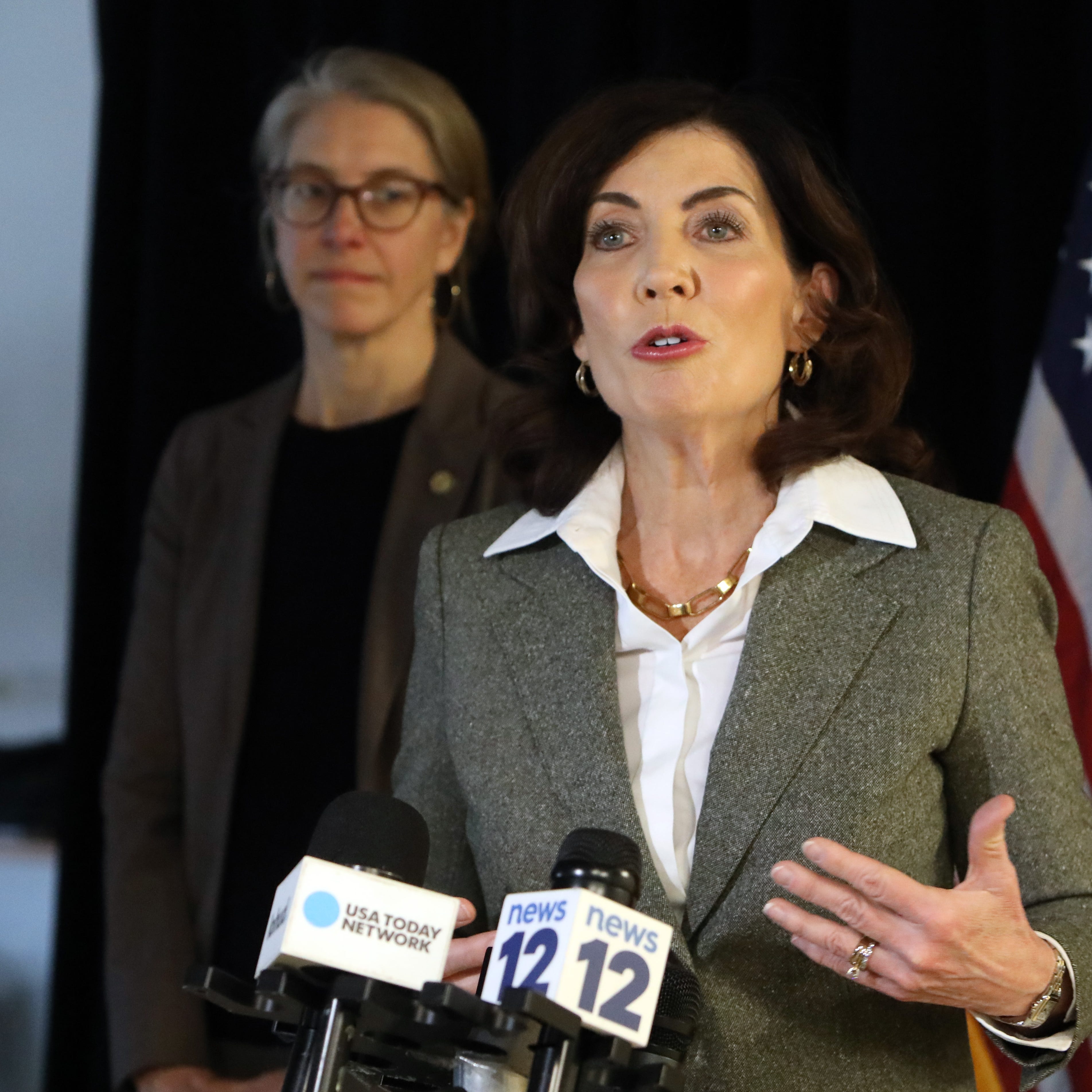 Gov. Kathy Hochul answers questions after speaking about the state's housing crisis with Westchester business leaders at the Business Council of Westchester in Rye Brook March 15, 2023.