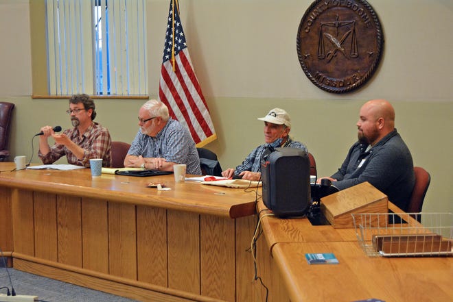 Columbia Fifth Ward council candidates Gregg Bush, Don Waterman, moderator Mark Haim and First Ward council candidate Nick Knoth participate in a forum Wednesday focused on environmental issues in the Boone County Commission Chambers at the Boone County Government Center. 