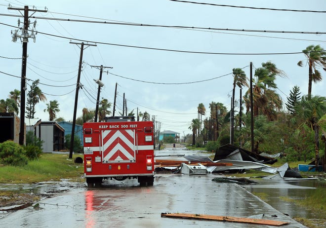 The Port Aransas Fire Department surveys the area after Hurricane Harvey landed in the Coastal Bend on Saturday, Aug. 26, 2017.