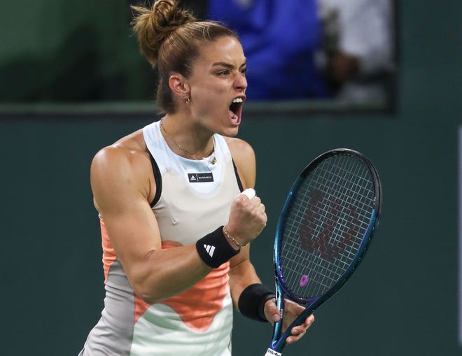 Maria Sakkari reacts to a tough point wiin against Petra Kvitova during the BNP Paribas Open in Indian Wells, Calif., March 15, 2023.