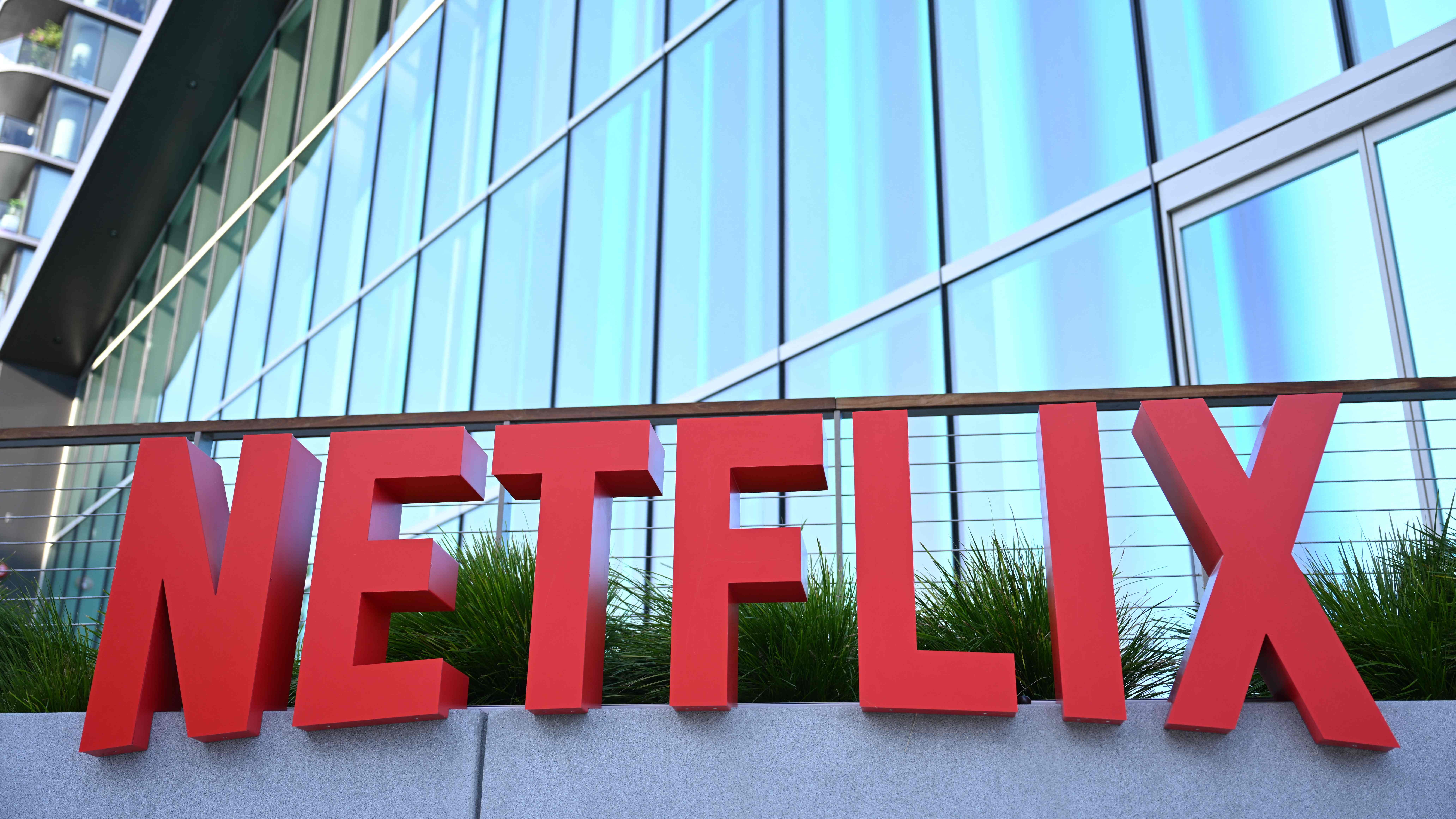 Netflix logo is seen on the side of the Netflix Tudum Theater in Los Angeles.