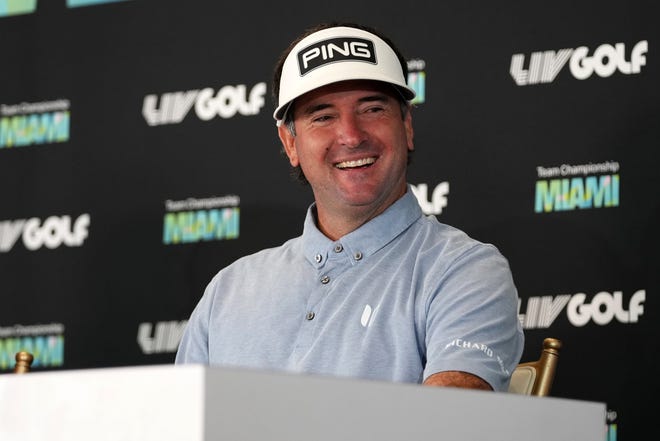 Bubba Watson speaks Oct. 26 during a news conference before the LIV Golf event at Trump National Doral.