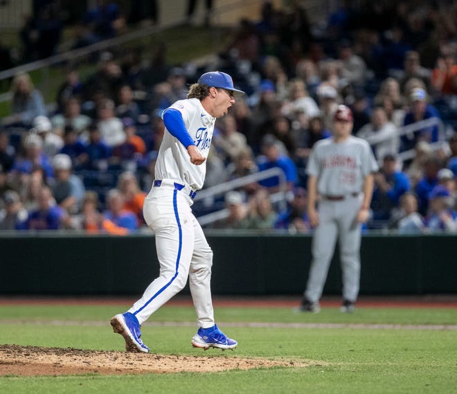 Florida's pitcher Brandon Sproat (8) reacts to his pitching after six innings against Alabama, Thursday March 16, 2023, at Condron Family Baseball Park in Gainesville, Florida. Sproat pitched a complete game and got the shutout over Alabama 3-0. [Cyndi Chambers/ Gainesville Sun] 2023