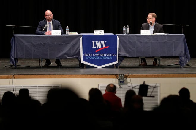 Green Bay Mayor Eric Genrich and challenger Chad Weininger during a mayoral forum hosted by the League of Women Voters of Greater Green Bay on Thursday at Franklin Middle School in Green Bay.