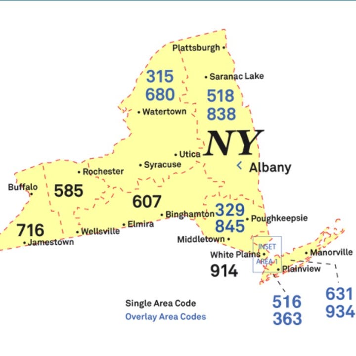New York state area code map shows the addition of 329 in the Mid Hudson region.