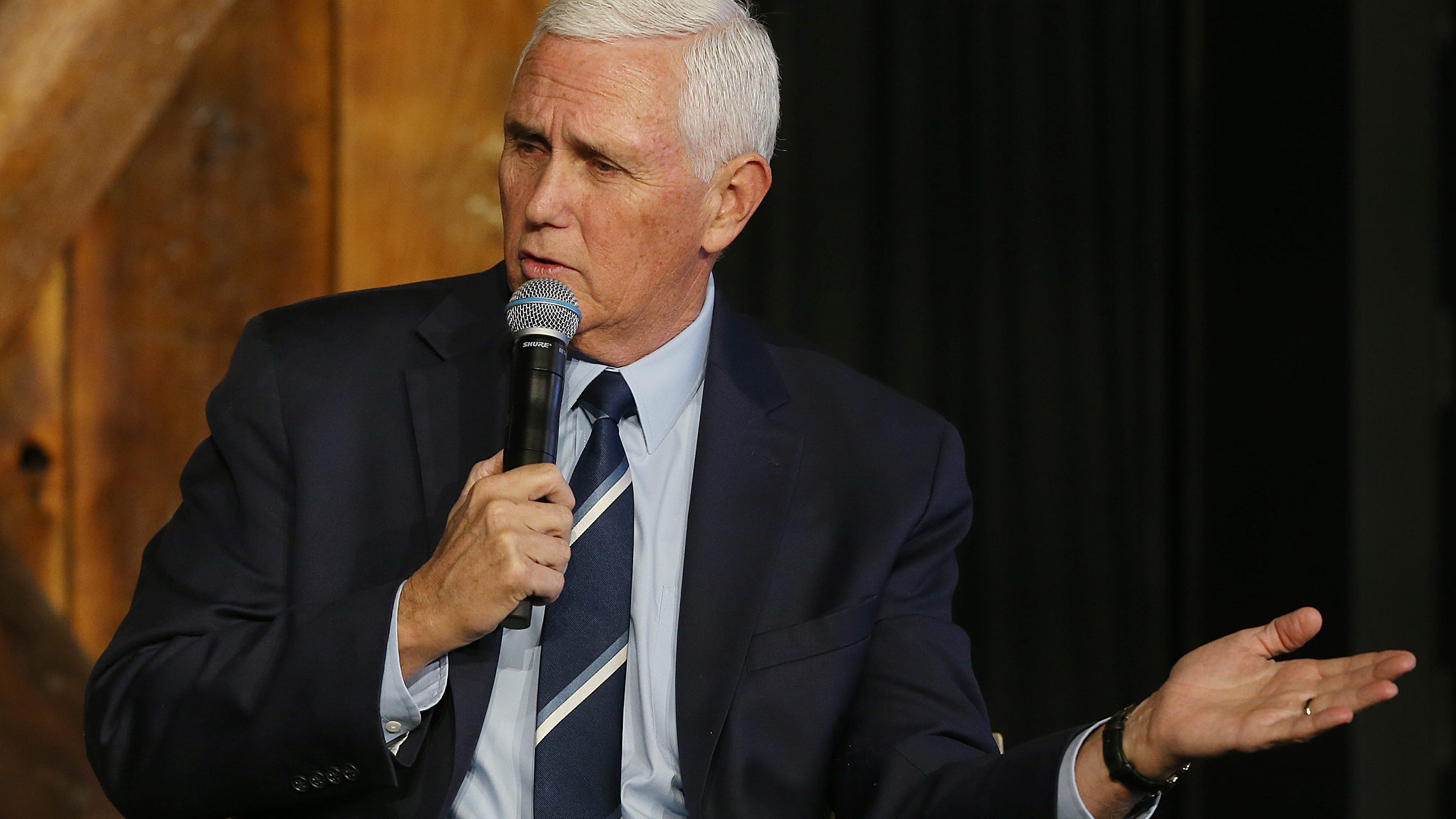 Former US vice president Mike Pence speaks during a panel discussion about America's strength and leadership abroad and its importance organized by The Bastion Institute at The River Center on Saturday, March 18, 2023, in Des Moines, Iowa.