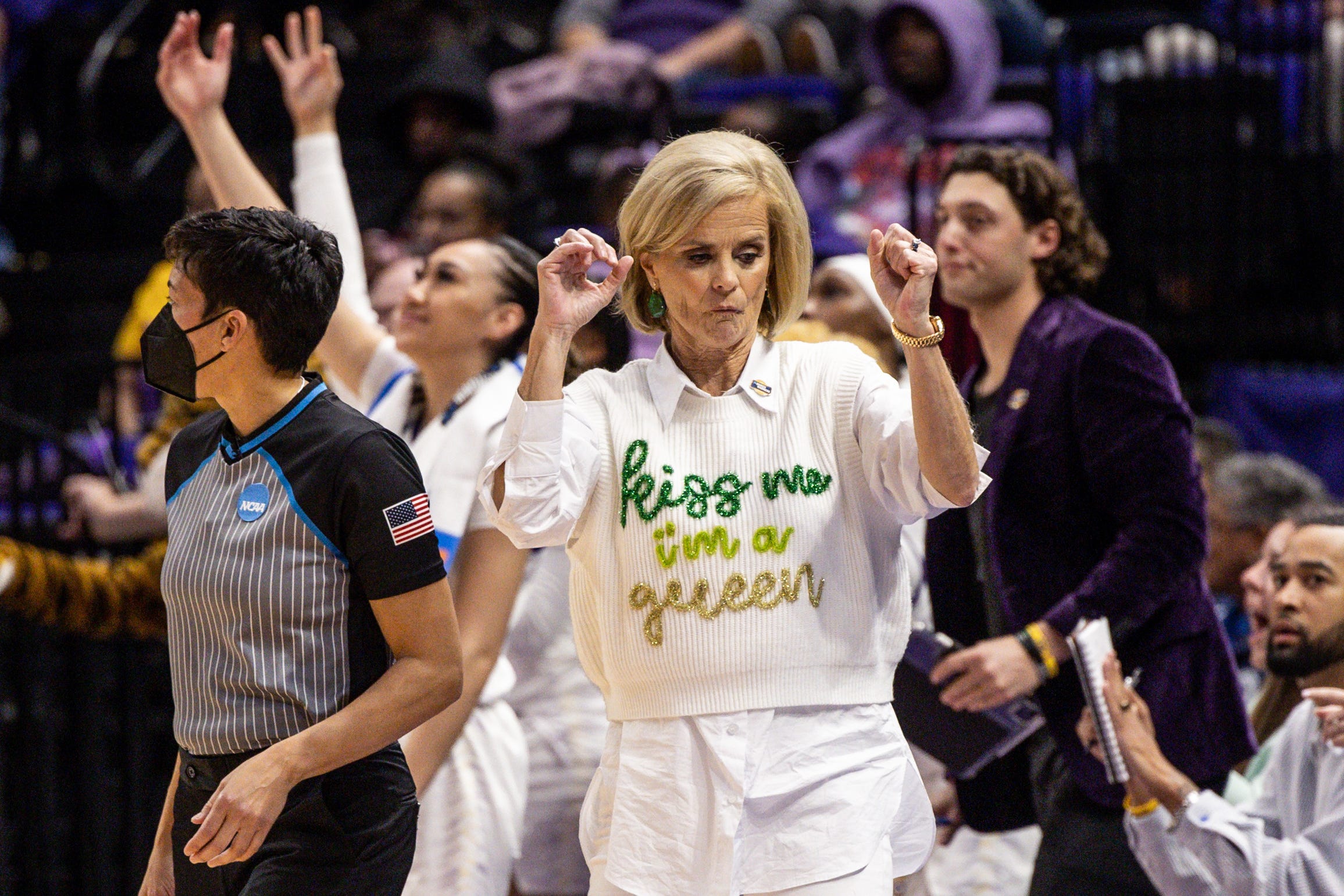 Kim Mulkey outfit: LSU coach on 'kiss me i'm a queen' sweater vest