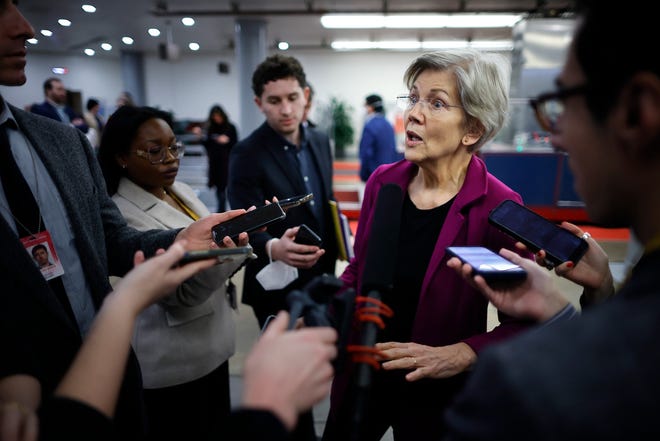 Sen. Elizabeth Warren, D-Mass., talks with reporters following the weekly Democratic Senate policy luncheon at the U.S. Capitol on March 15, 2023 in Washington, DC.
