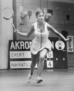 Chris Evert prepares to return the ball to Martina Navratilova on March 22, 1973 at Memorial Hall in Akron.