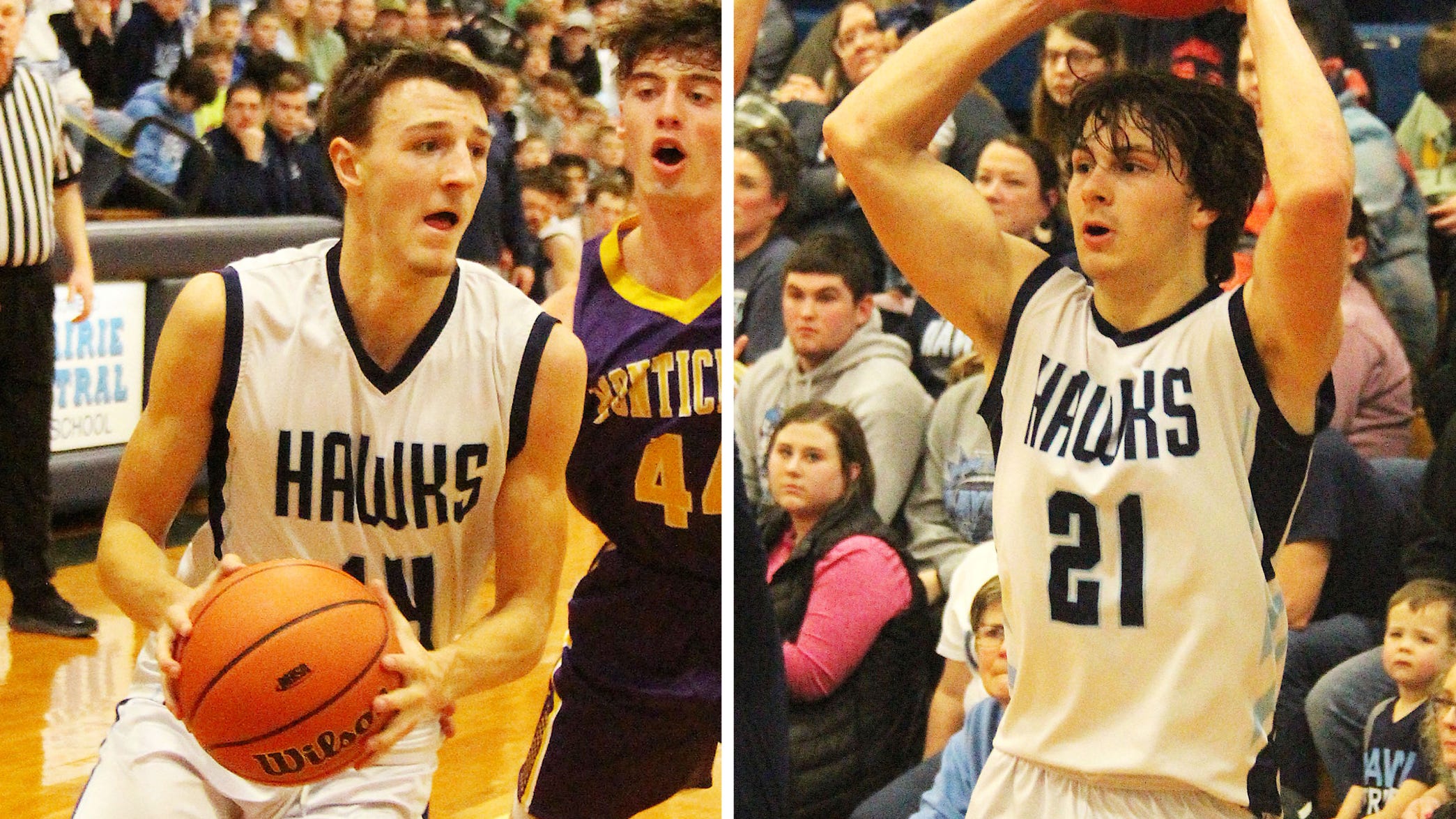 Dylan Bazzell and Drew Fehr of Fairbury Prairie Central high school basketball.