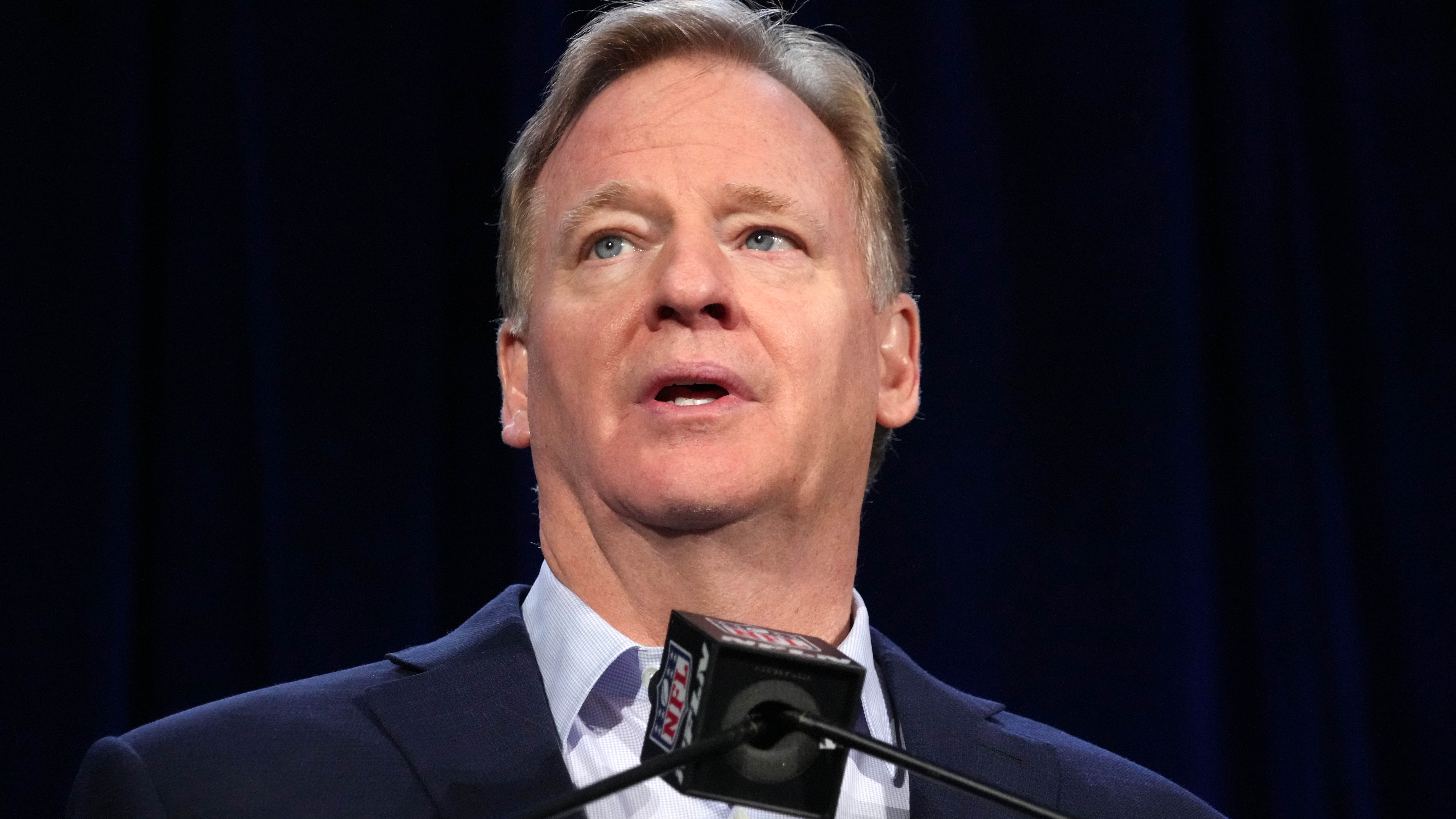 Feb 13, 2023; Phoenix, AZ, USA; NFL commissioner Roger Goodell speaks during the Super Bowl 57 Winning Team Head Coach and MVP press conference at the Phoenix Convention Center.