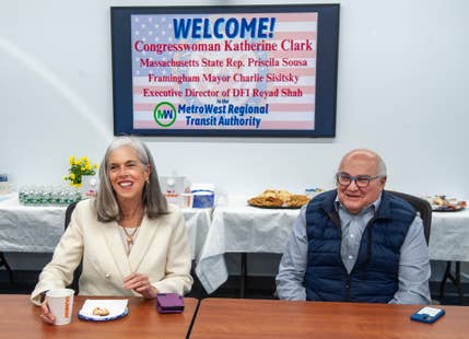 U.S. alt='https://www.gannett-cdn.com/presto/2023/03/21/NMWD/00304831-11bd-45a6-ad24-075622dd7ec6-Framingham_Katherine_Clark_2.jpg?width=429&format=pjpg&auto=webp&quality=70' Rep. Katherine Clark, left, at the MetroWest Regional Transit Authority in Framingham meeting with city officials, March 21, 2023, here with Mayor Charlie Sisitsky.