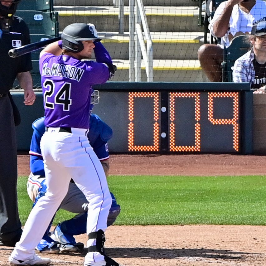 A view of the pitch clock during a Rangers-Rockies spring training game.