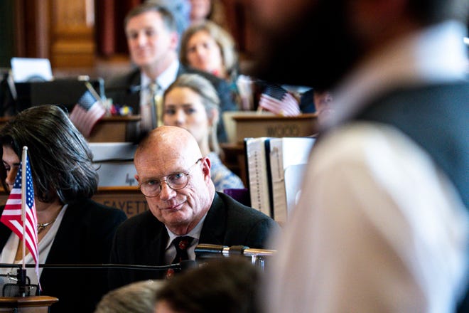 Rep. Steven Holt, R-Denison listens while Rep. Bobby Kaufmann, R-Wilton speaks during debate on HF565 in the Iowa House on Wednesday, March 22, 2023, at the Iowa State Capitol in Des Moines, Iowa.