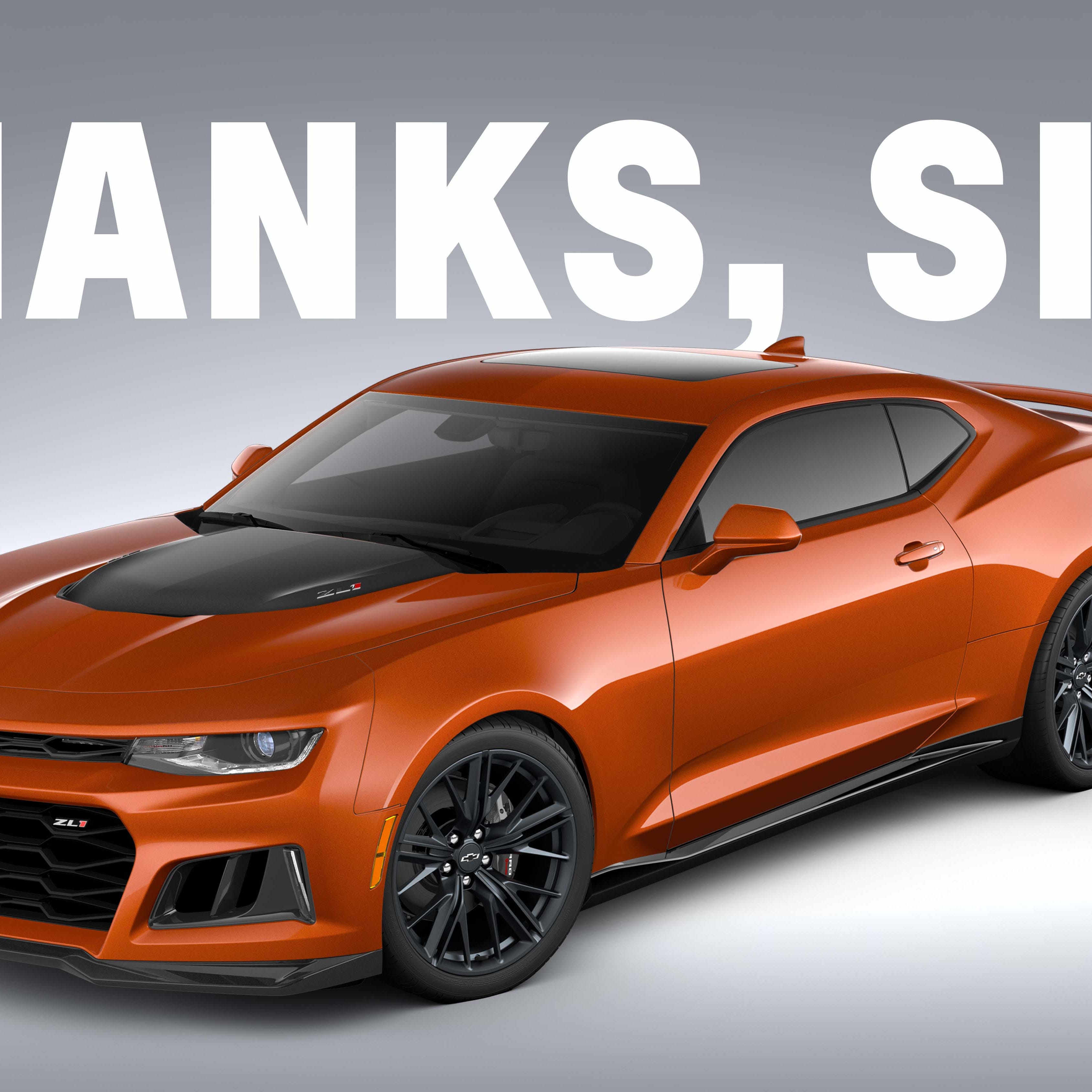 Front 3/4 view of the 2023 Chevrolet Camaro ZL1 1LE in Vivid Orange Metallic staged under white text reading, 