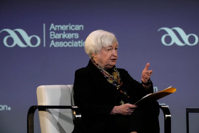 US Treasury Janet Yellen speaks at the American Bankers Association Washington Summit on March 21, 2023 in Washington, DC