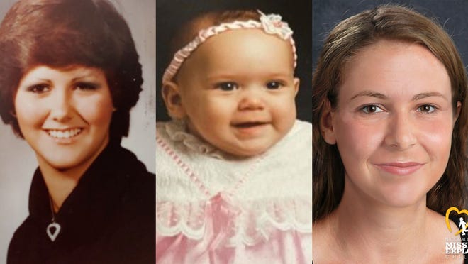 Christine Belusko (left), her daughter Christa Nicole Belusko as a baby (center) and Christa Nicole in an age progression photo (right). Christa Nicole was two years old when Christine's remains were found in 1991. Investigators identified the remains as Christine's over 30 years later. As of March 22, 2023, investigators don't know where her daughter is.