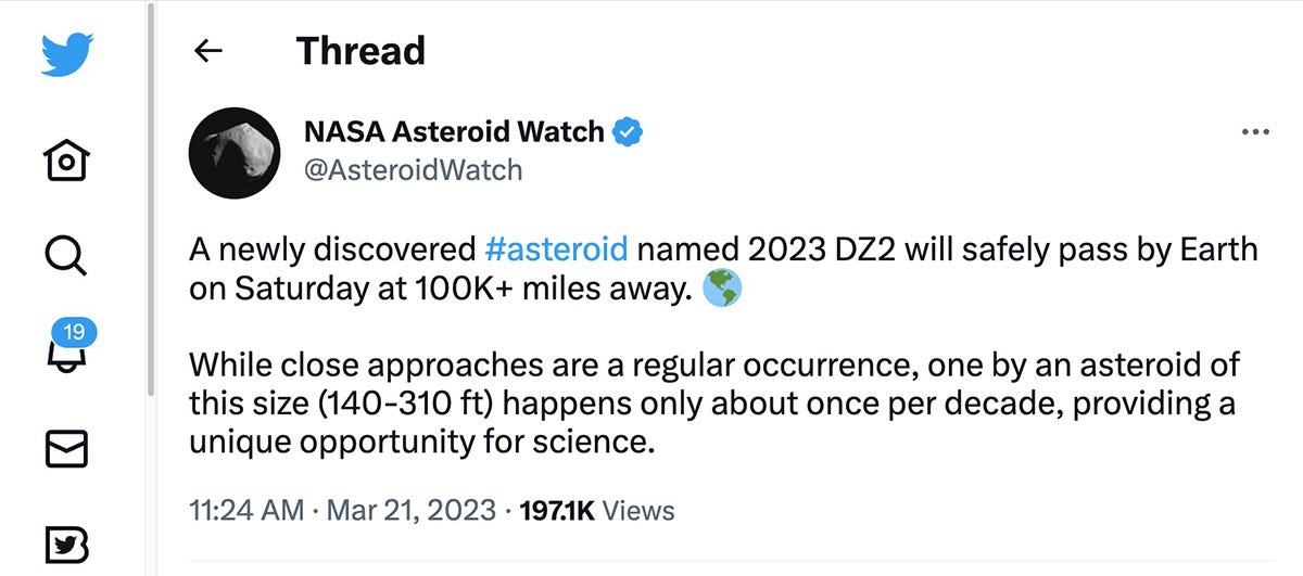 NASA says asteroid 2023 DZ2 will pass harmlessly by Earth on Saturday.