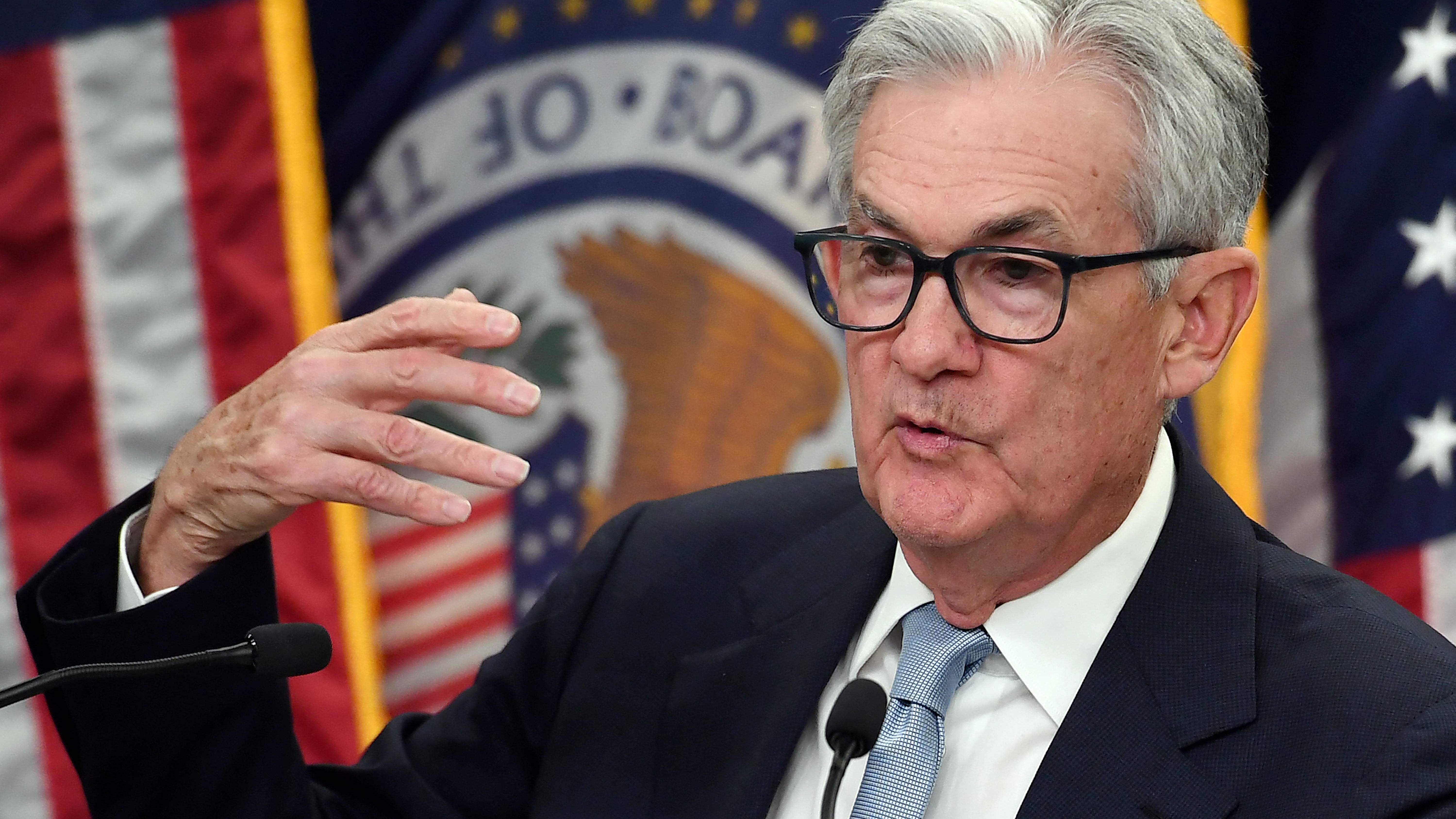 Federal Reserve Board Chair Jerome Powell speaks during a news conference at the Federal Reserve in Washington, DC, on March 22, 2023. - The Federal Reserve raised its benchmark lending rate on Wednesday, in line with expectations, continuing a hiking cycle to tackle high inflation while warning that recent banking troubles could hit households and businesses. The quarter-point increase raises the target range to 4.75-5.00 percent, the Fed announced in a statement. (Photo by OLIVIER DOULIERY / AFP) (Photo by OLIVIER   DOULIERY/AFP via Getty Images) ORIG FILE ID: AFP_33BV3HC.jpg