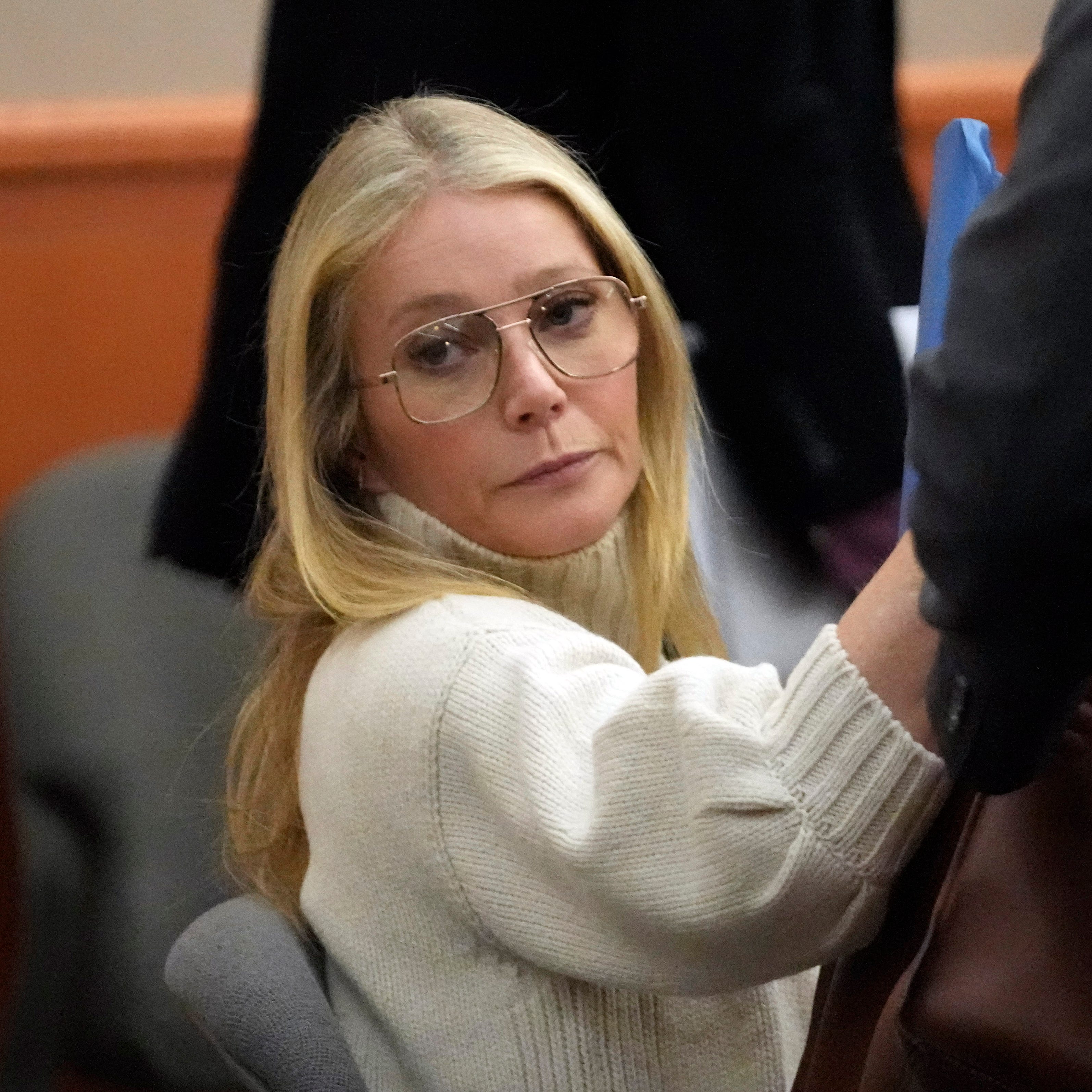 March 21, 2023: Actress Gwyneth Paltrow looks on before leaving the courtroom, where she is accused in a lawsuit of crashing into a skier during a 2016 family ski vacation, leaving him with brain damage and four broken ribs, in Park City, Utah. Terry Sanderson claims that the actor-turned-lifestyle influencer was cruising down the slopes so recklessly that they violently collided, leaving him on the ground as she and her entourage continued their descent down Deer Valley Resort, a skiers-only mountain known for its groomed   runs, après-ski champagne yurts and posh clientele