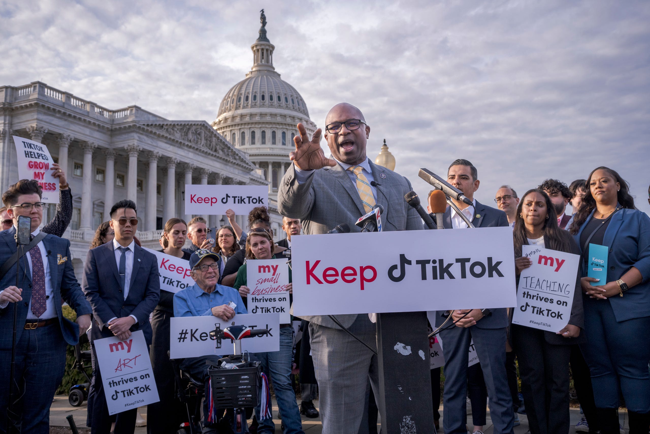 Rep. Jamaal Bowman, D-N.Y., joined by the popular app's supporters, leads a rally to defend TikTok at the Capitol in Washington, Wednesday, March 22, 2023.