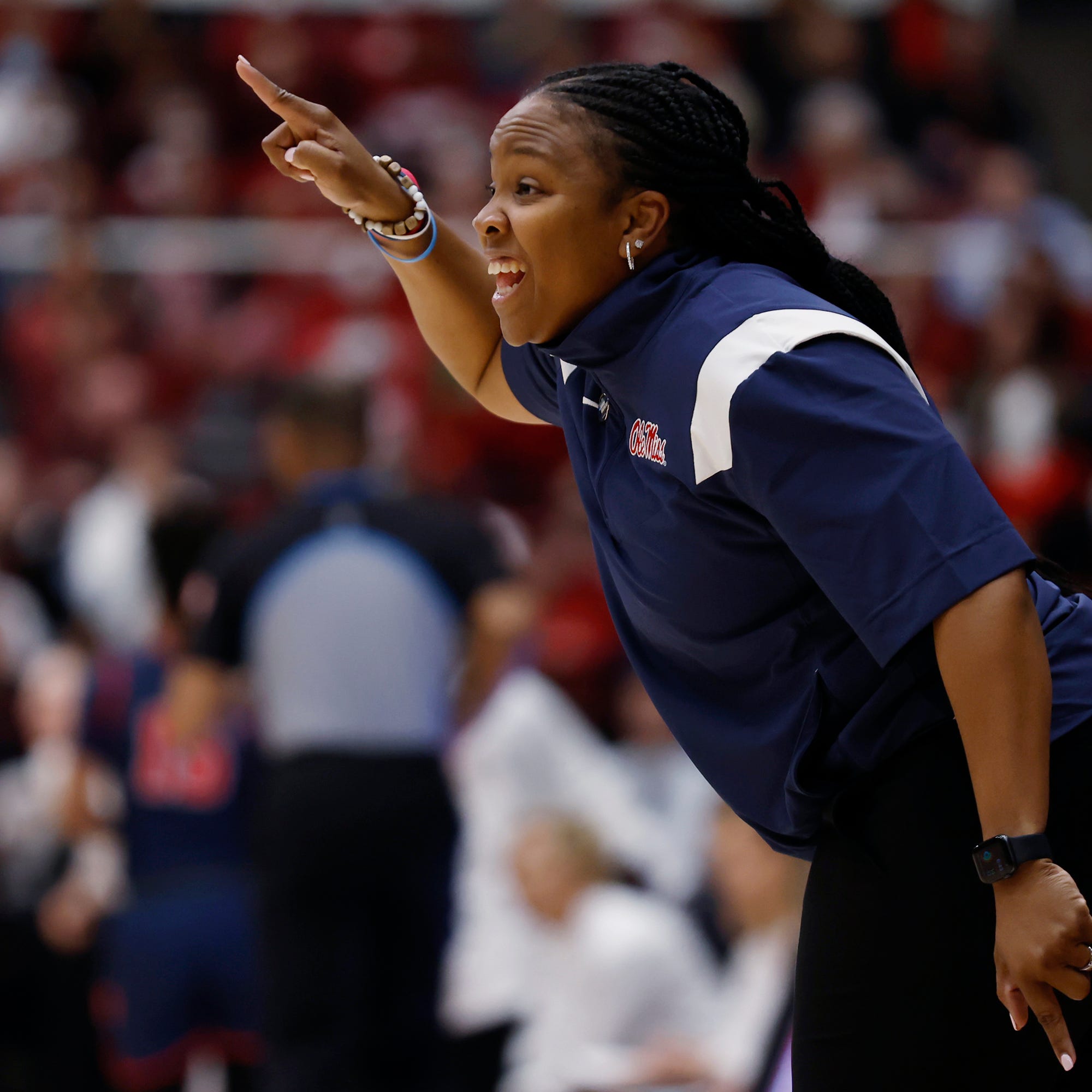 Mississippi coach Yolett McPhee-McCuin gestures during the Rebels' upset win over top-seeded Stanford on Sunday, March 19, 2023.
