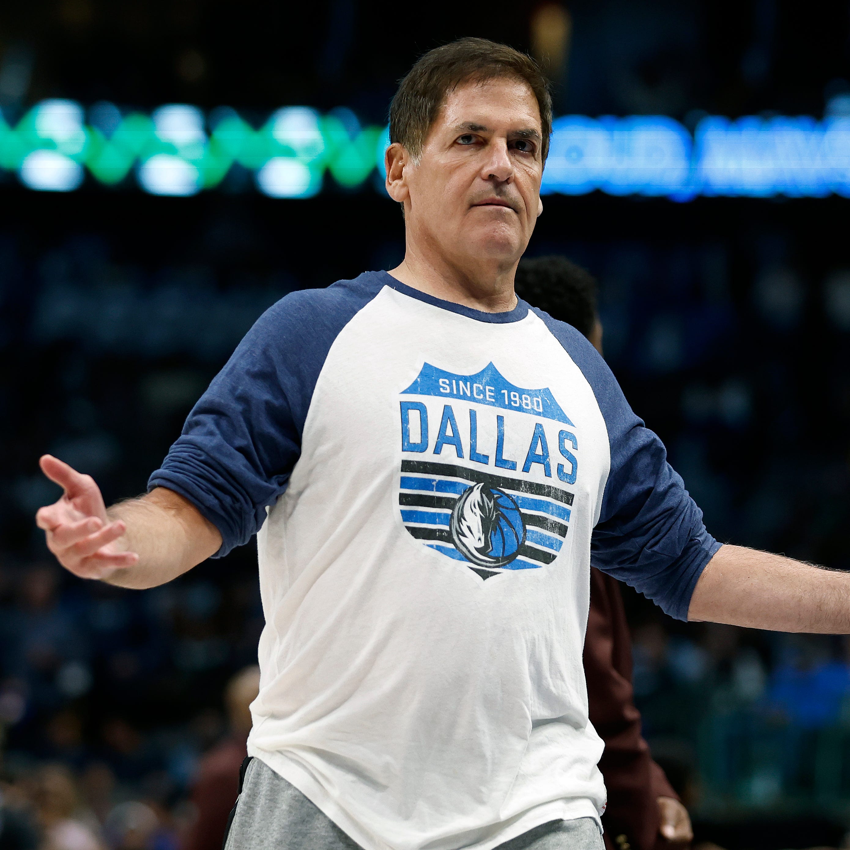 Dallas Mavericks owner Mark Cuban reacts during a timeout in Wednesday's game against the Golden State Warriors.
