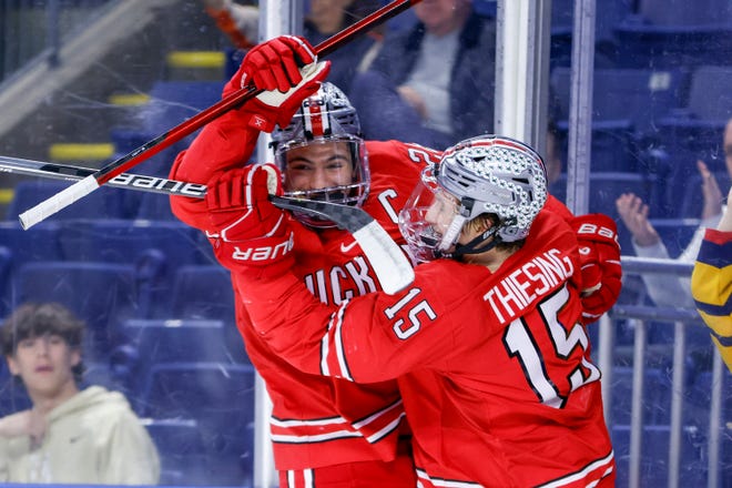 Ohio State's Jake Wise celebrates with Cam Thiesing after a goal against Harvard.