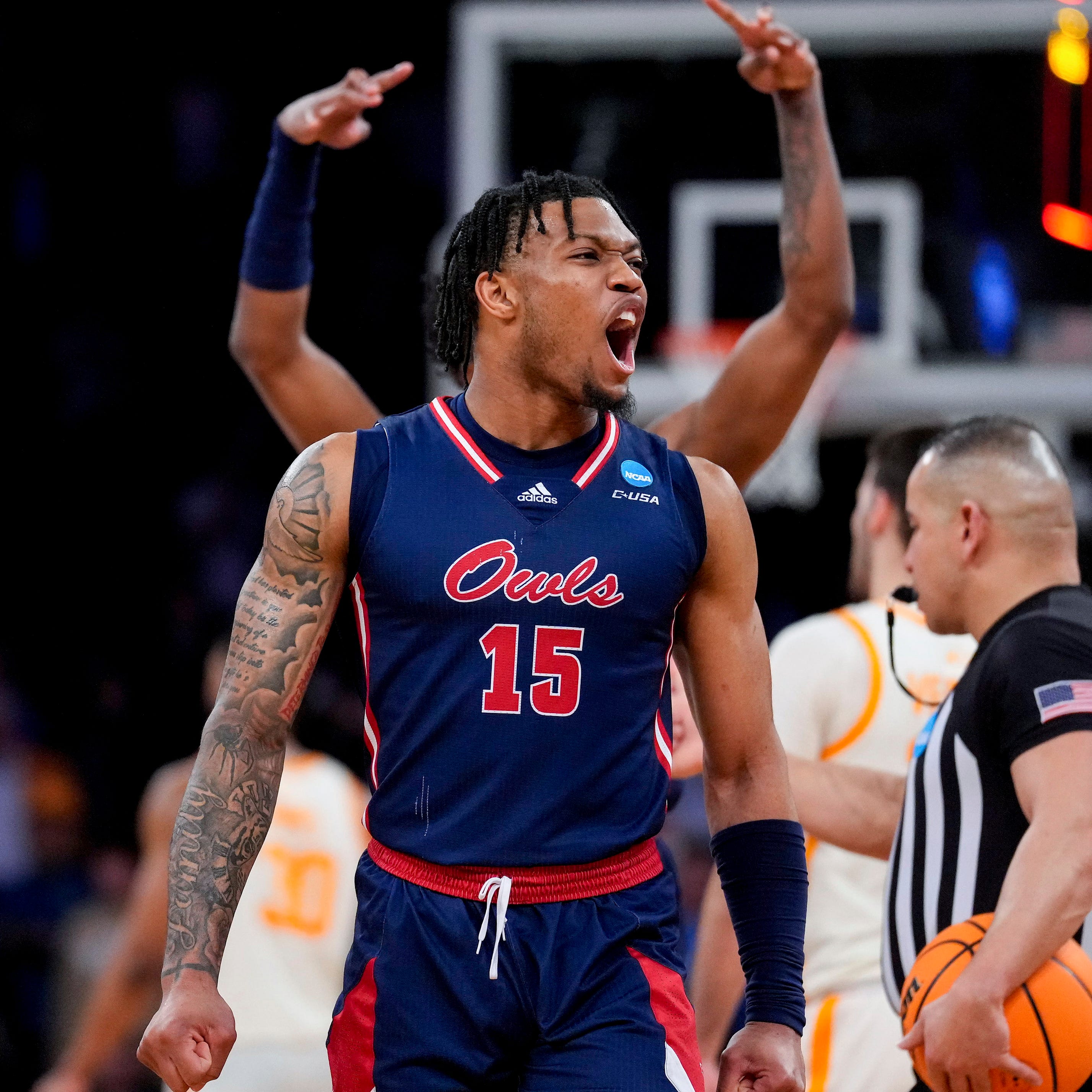 Florida Atlantic guard Alijah Martin (15) celebrates after the Owls defeated Tennessee in the Sweet 16 of the NCAA men's tournament at Madison Square Garden.