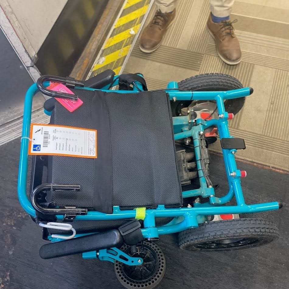 Shayn Pulley's wheelchair on the jet bridge before their departing flight.