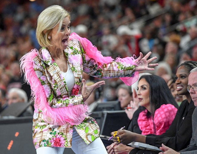 Louisiana State University Coach Kim Mulkey during the fourth quarter in the Sweet 16 round of the NCAA Women's Tournament at Bon Secours Wellness Arena in Greenville, S.C. Friday, March 24, 2023. 