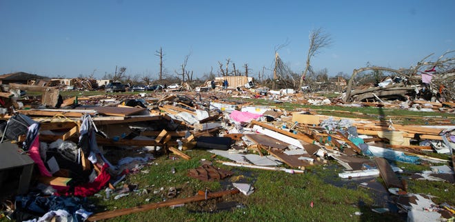 What was once Blue Front Apartments in Rolling Fork, Mississippi, is destroyed Saturday, March 25, 2023, after a tornado tore through the town of Delta Friday night.