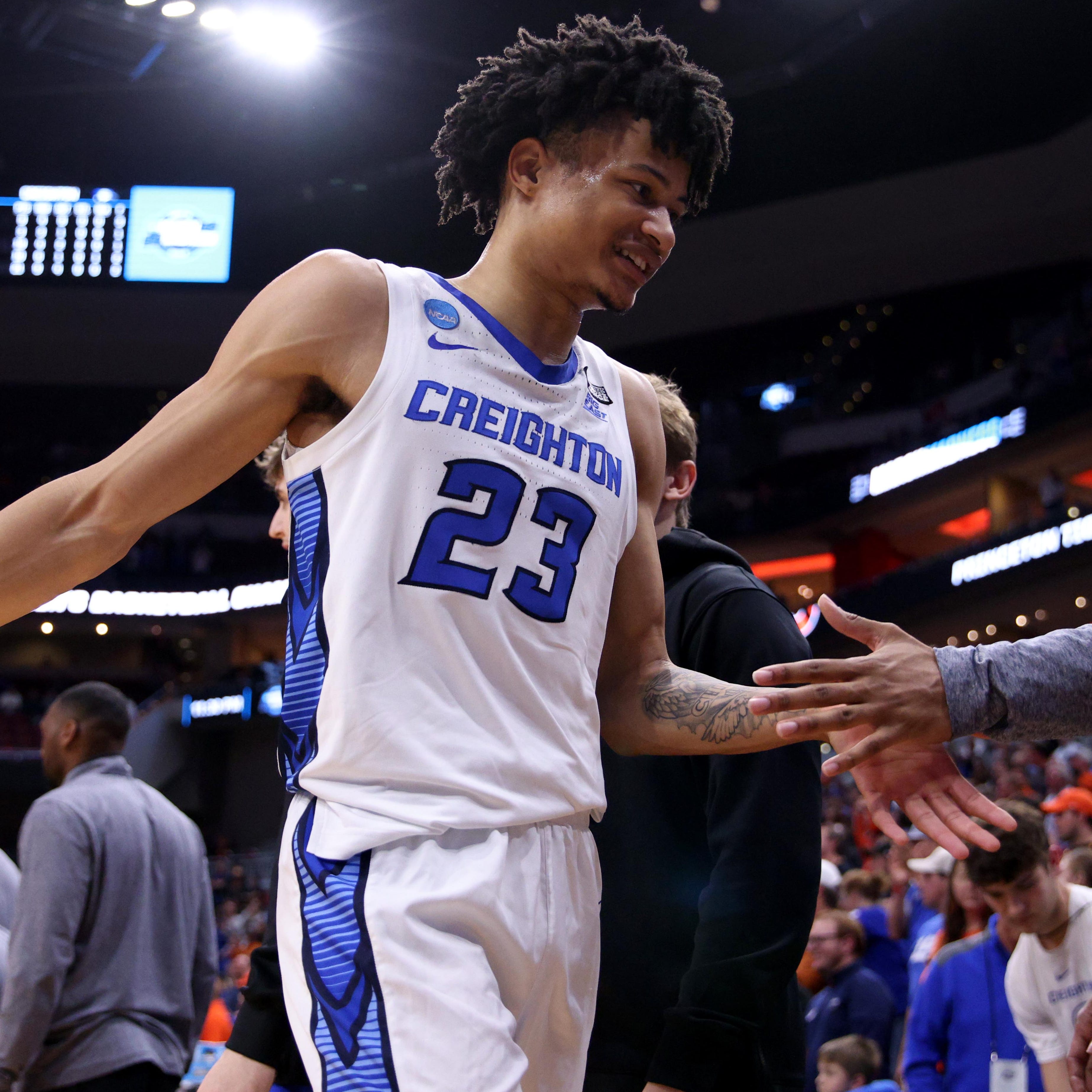 Creighton guard Trey Alexander (23) celebrates after the Bluejays defeated Princeton in the Sweet 16 of the NCAA men's tournament at KFC YUM! Center.