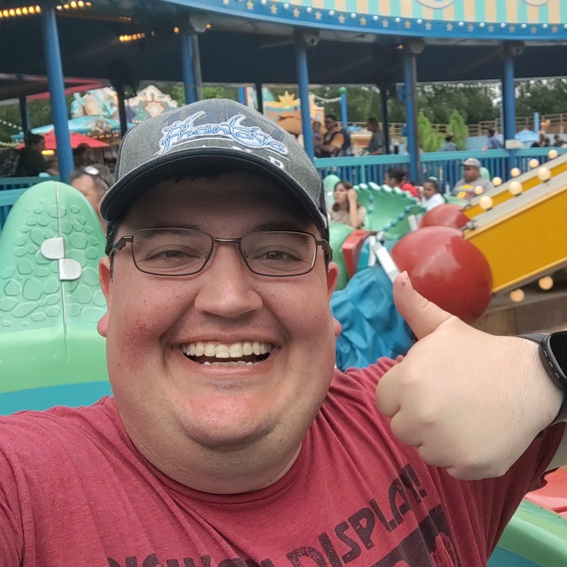 Nathan Firesheets rides TriceraTop Spin at Disney's Animal Kingdom in Florida on March 18, 2023.