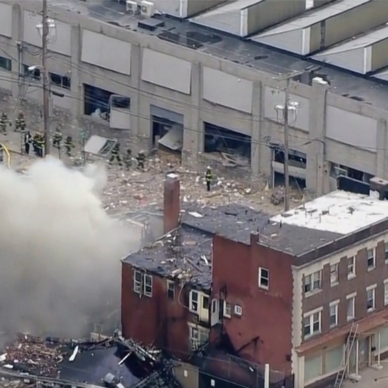 In this screen grab from video provided by WPVI-TV/6ABC, smoke rises from an explosion at the R.M. Palmer Co. plant in West Reading, Pa., Friday, March 24, 2023.