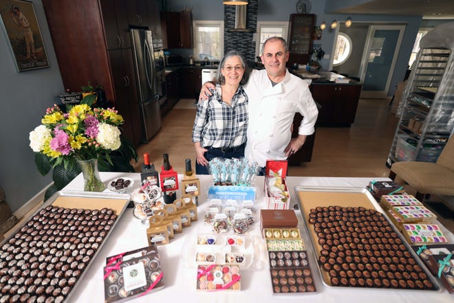 Rockhead Chocolates owner Elizabeth McConville-Bossier and her husband, chocolatier Jean-Marc Bossier, make chocolate in their home kitchen in Easton on Monday, March 27, 2023.