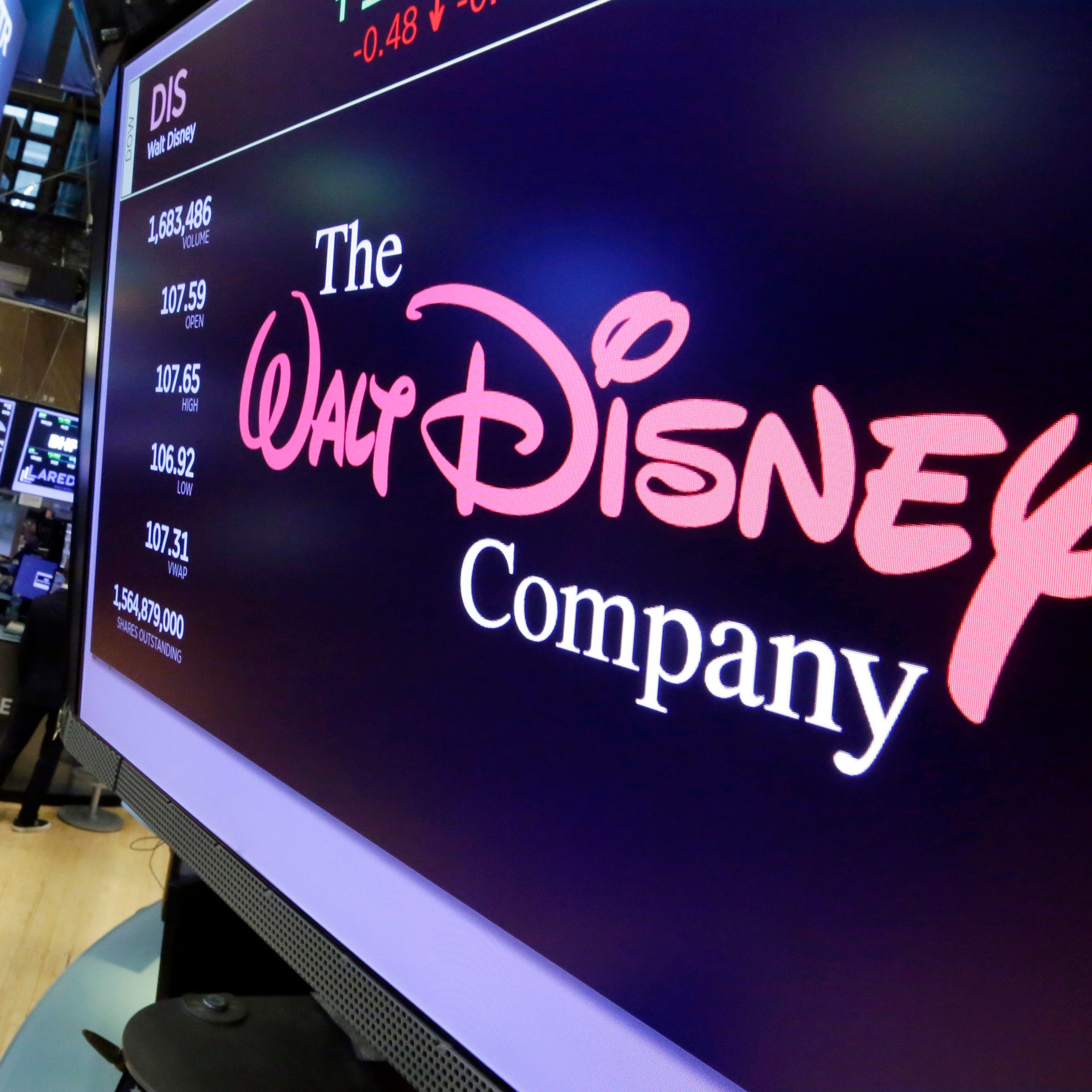 In this Aug. 8, 2017, file photo, The Walt Disney Co. logo appears on a screen above the floor of the New York Stock Exchange.
