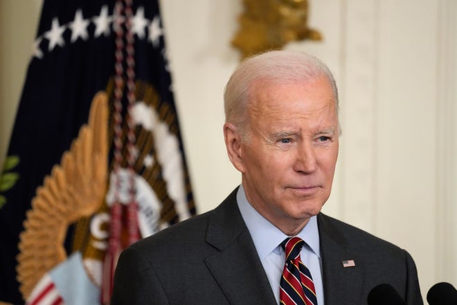 President Joe Biden pauses as he speaks about the school shooting in Nashville during an SBA Women's Business Summit in the East Room of the White House, Monday, March 27, 2023, in Washington. Biden has called on Congress again to pass his assault weapons ban in the wake of the Nashville shooting. (AP Photo/Alex Brandon)