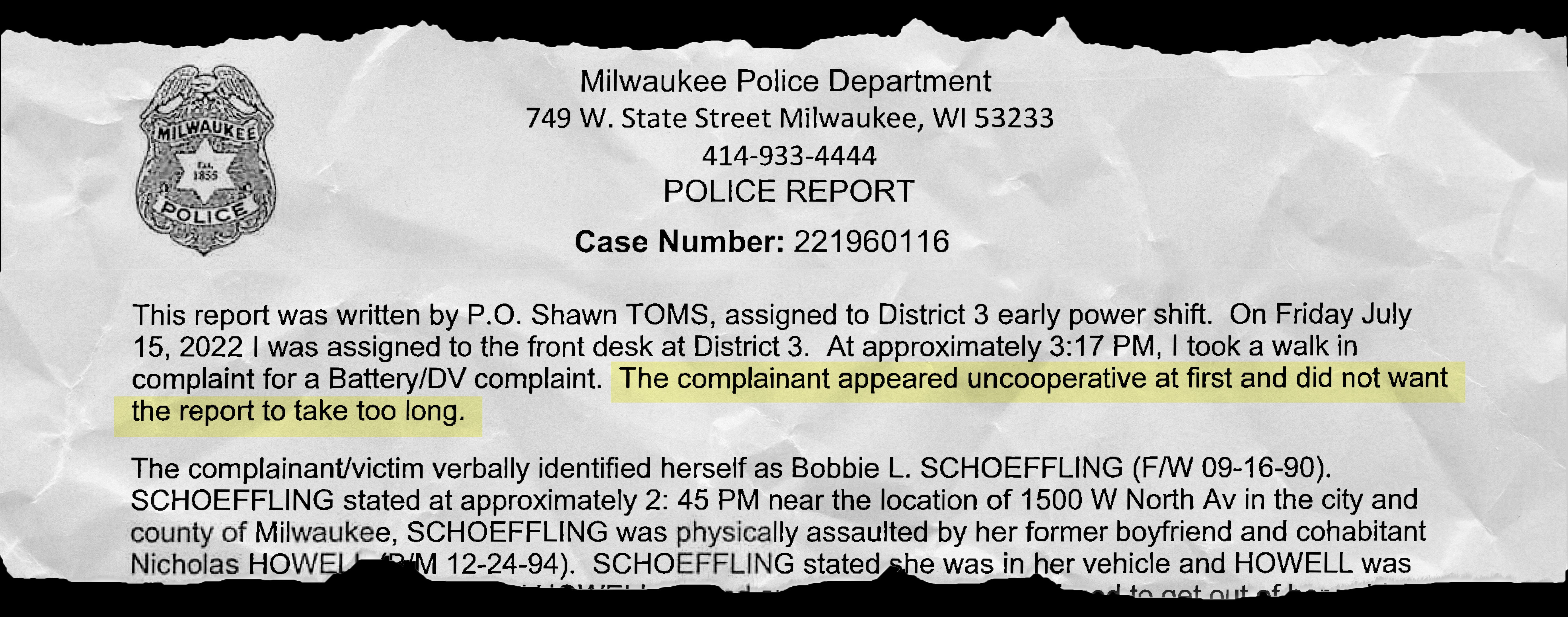 From District 3 incident report