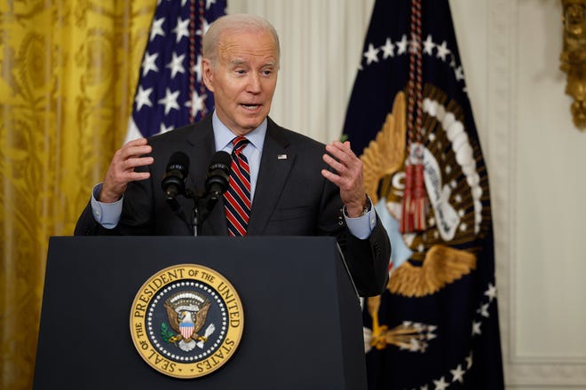 WASHINGTON, DC - MARCH 27: U.S. President Joe Biden delivers remarks while hosting the Small Business Administration's Women's Business Summit in the East Room of the White House on March 27, 2023 in Washington, DC.