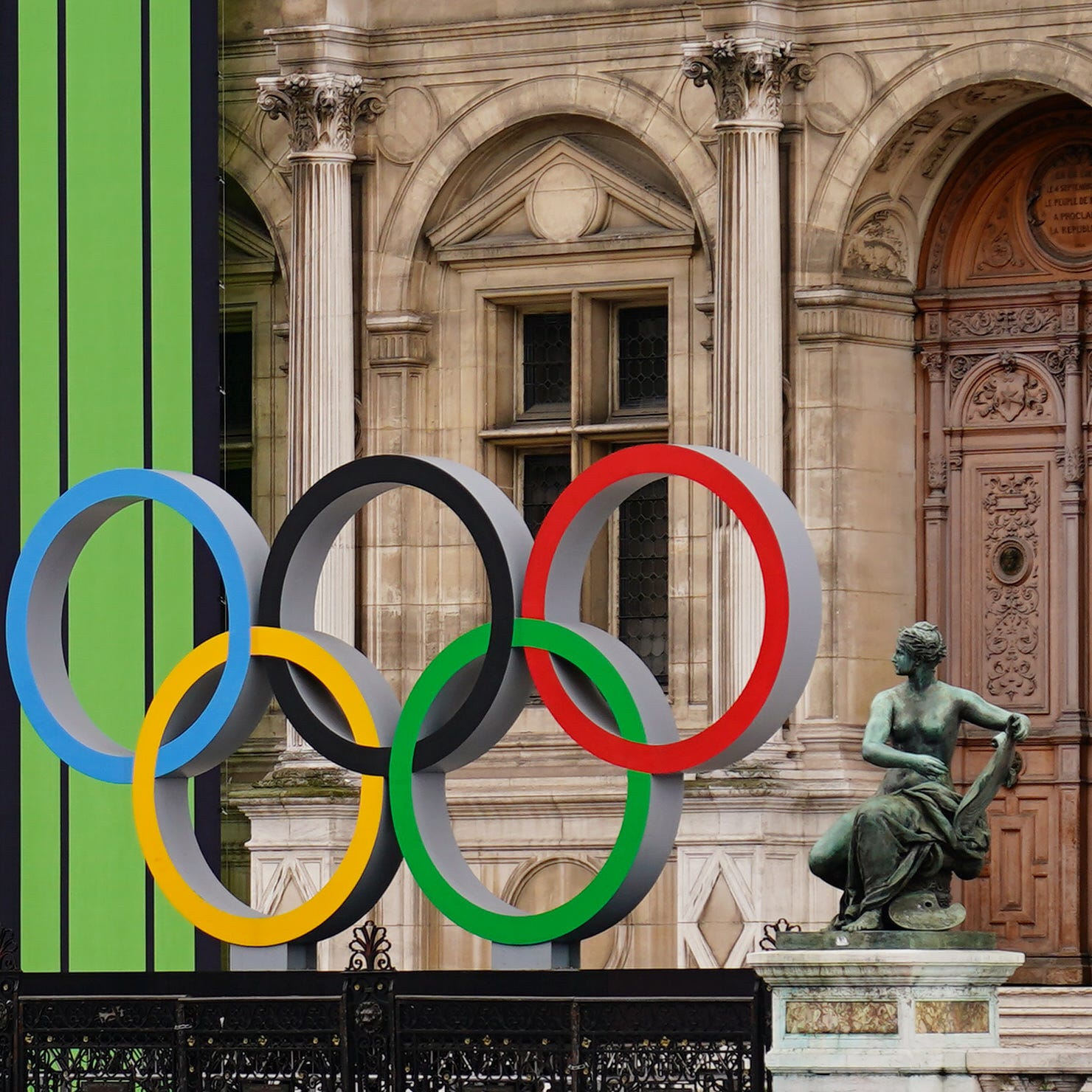 The Olympic rings are on display outside the Hotel de Ville ahead of the Paris 2024 Summer Olympic Games.