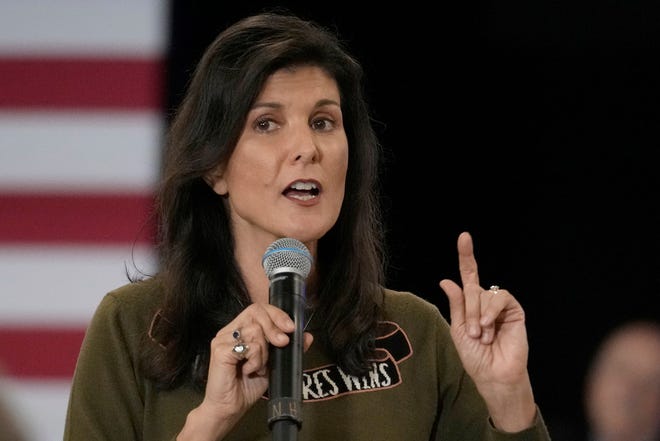 Republican presidential candidate, former ambassador to the United Nations Nikki Haley addresses guests during a campaign stop Monday, March 27, 2023, in Dover, N.H.