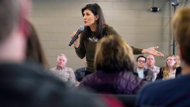 Republican presidential candidate, former ambassador to the United Nations Nikki Haley addresses guests during a campaign stop Monday, March 27, 2023, in Dover, N.H.
