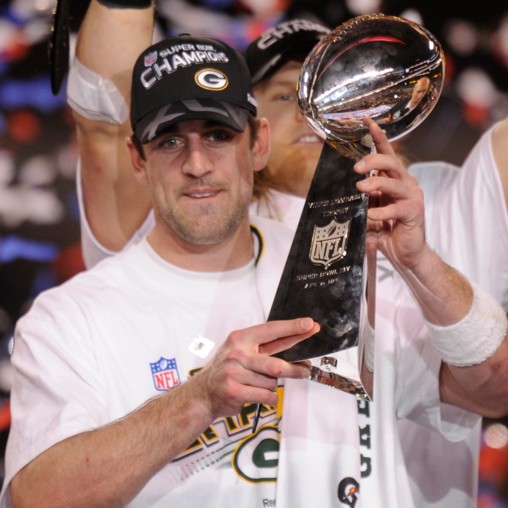 Aaron Rodgers holds the Lombardi Trophy after the Green Bay Packers won Super Bowl XLV.